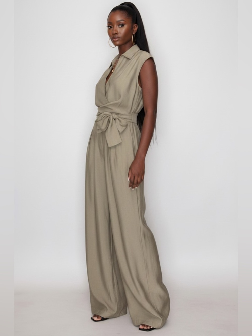 Haute Monde Sleeveless Wrap Jumpsuit in Olive - Picture 2 of 5